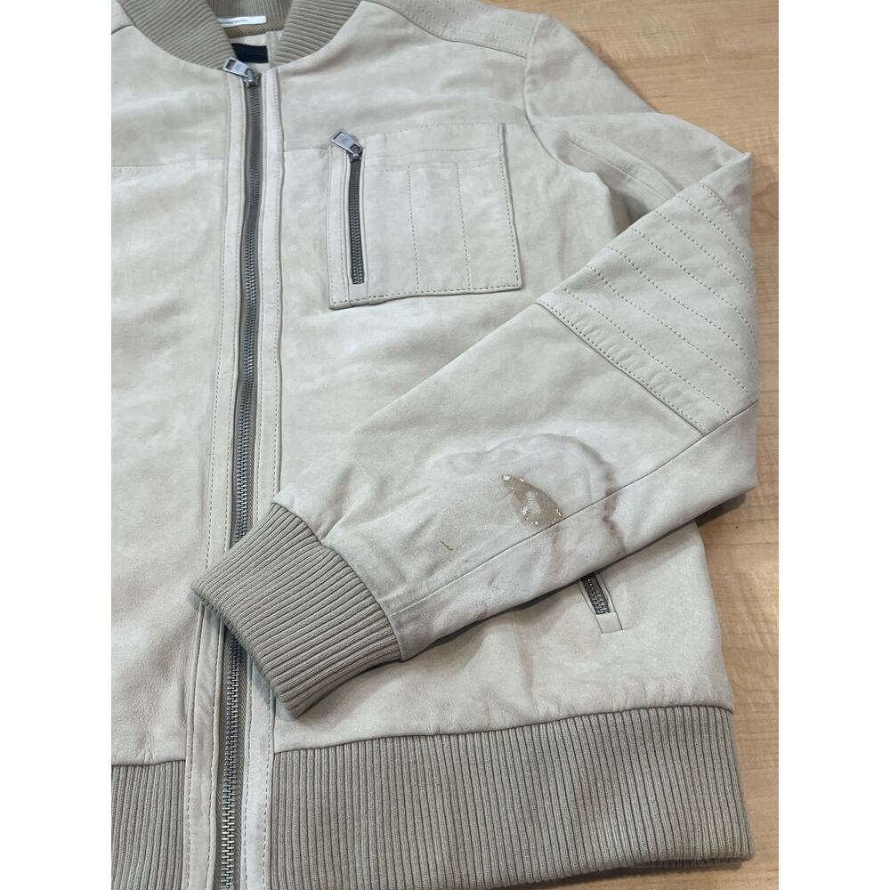 Calvin Klein Genuine Leather Bomber Jacket‎ Beige Mens Size S - Picture 8 of 9